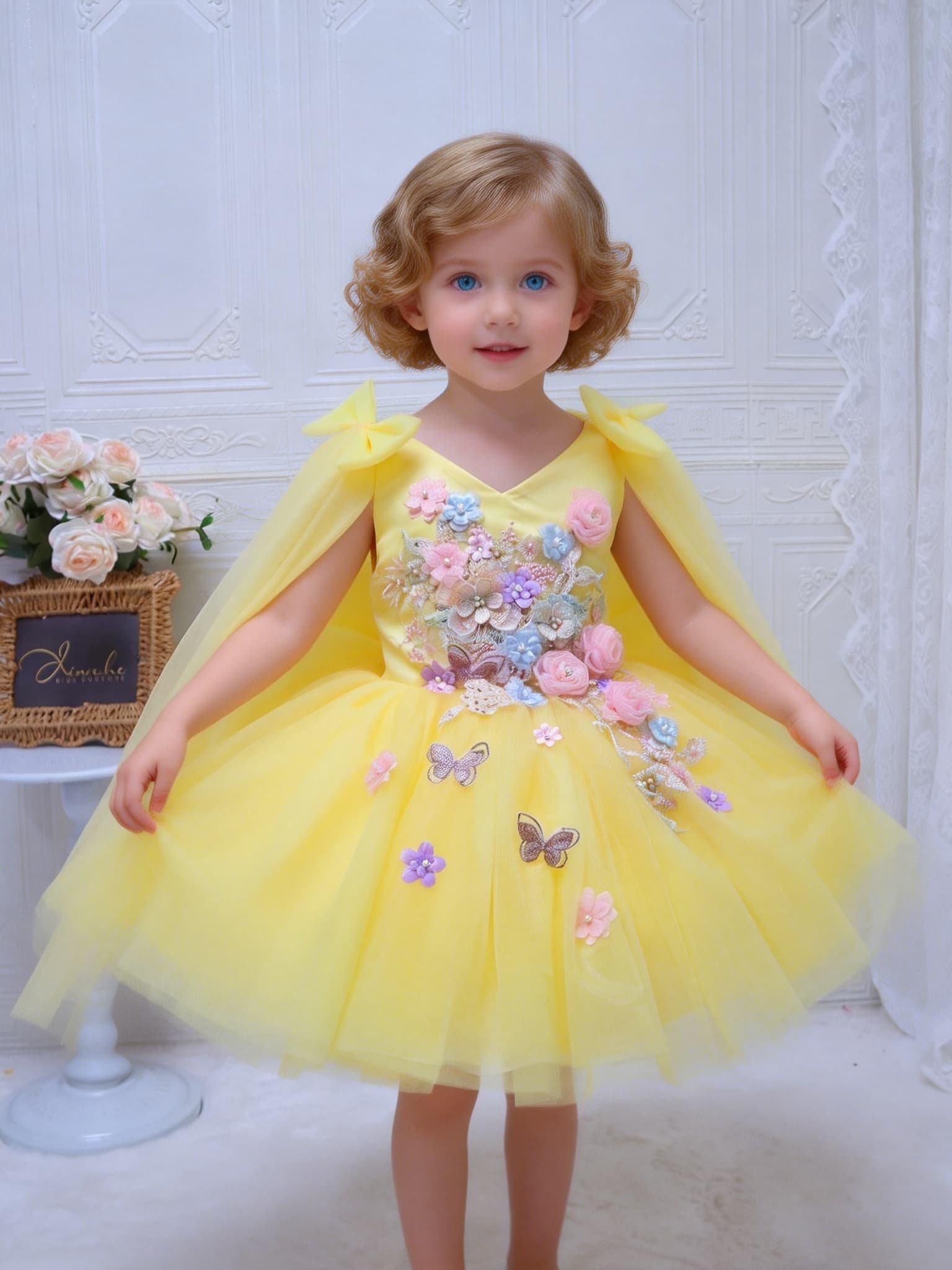 Embroidery Yellow Dress - オーダーメイドの高級ドレス、女性用、結婚式のゲストドレス、花嫁介添えの女の子用ドレス、誕生日パーティー、コンテスト、ファッションショー、黄色いリボン、チュール、プリンセス風。
