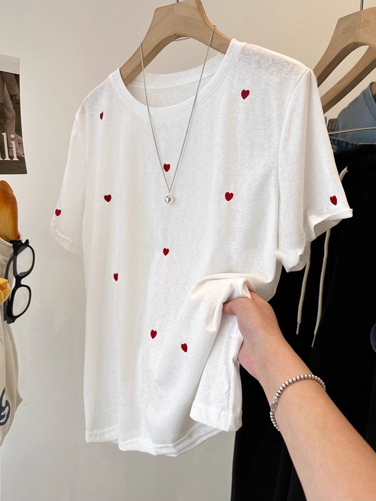 Embroidery Cotton Shirt - プラスサイズ 240 ポンド ラブ刺繍半袖レディース夏ルーズ痩身軽量スノーフレークコットン半袖 Tシャツ