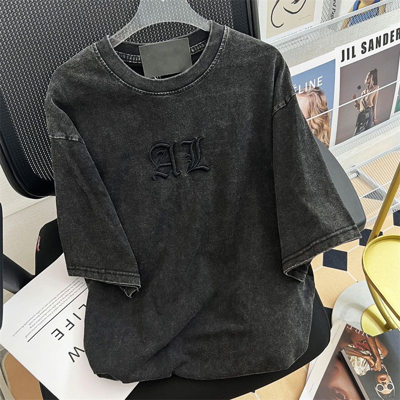 Embroidery Cotton Shirt - クラシックな文字が刺繍された女性用Tシャツ,ヴィンテージアート,アメリカのシックなトップ,ウォッシュドコットンのTシャツ,夏,新しい,大きいサイズ,2024