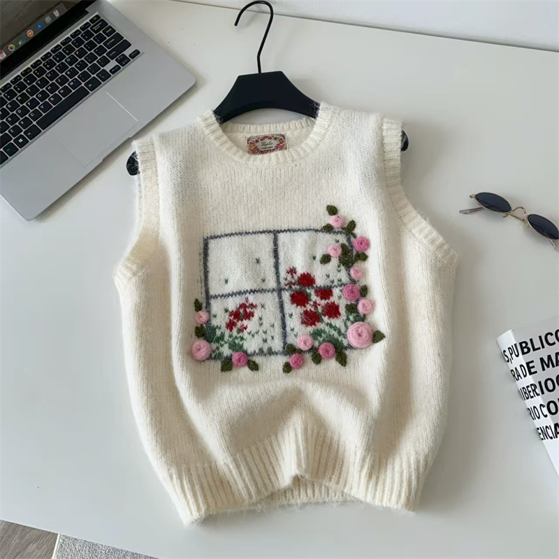 レディース 3D手刺繍 ローズ柄 ニットベスト オープンネッ - Embroidery Rose のレビューと価格
