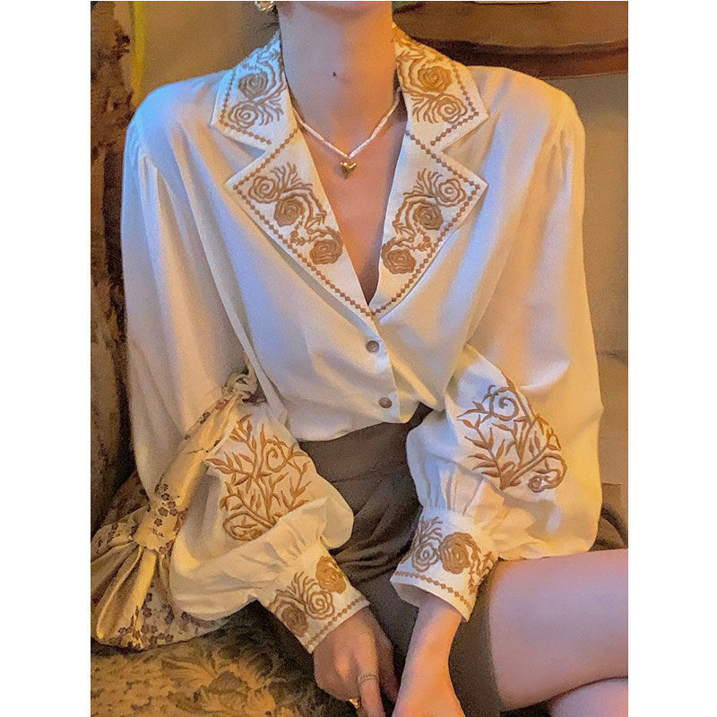 女性の刺繍入りブラウス,レトロなシャツ,トップ - Embroidery Cotton Shirt のレビューと価格