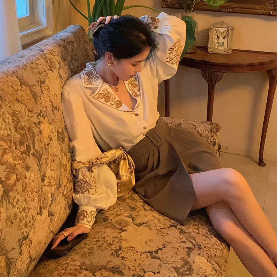 女性の刺繍入りブラウス,レトロなシャツ,トップ - Embroidery Cotton Shirt のレビューと価格