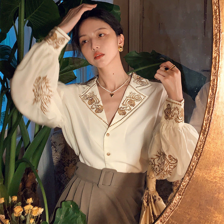 女性の刺繍入りブラウス,レトロなシャツ,トップ - Embroidery Cotton Shirt のレビューと価格